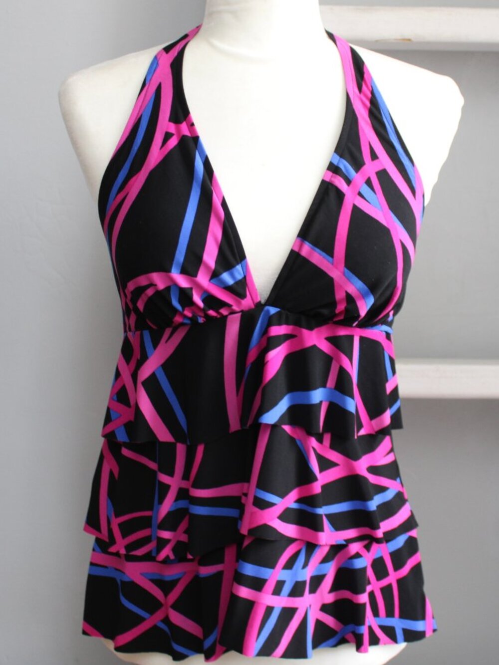 Jamaica Bay VTG Y2K Black Patterned Halter Ruffle Tiered Swim Tank Size Large